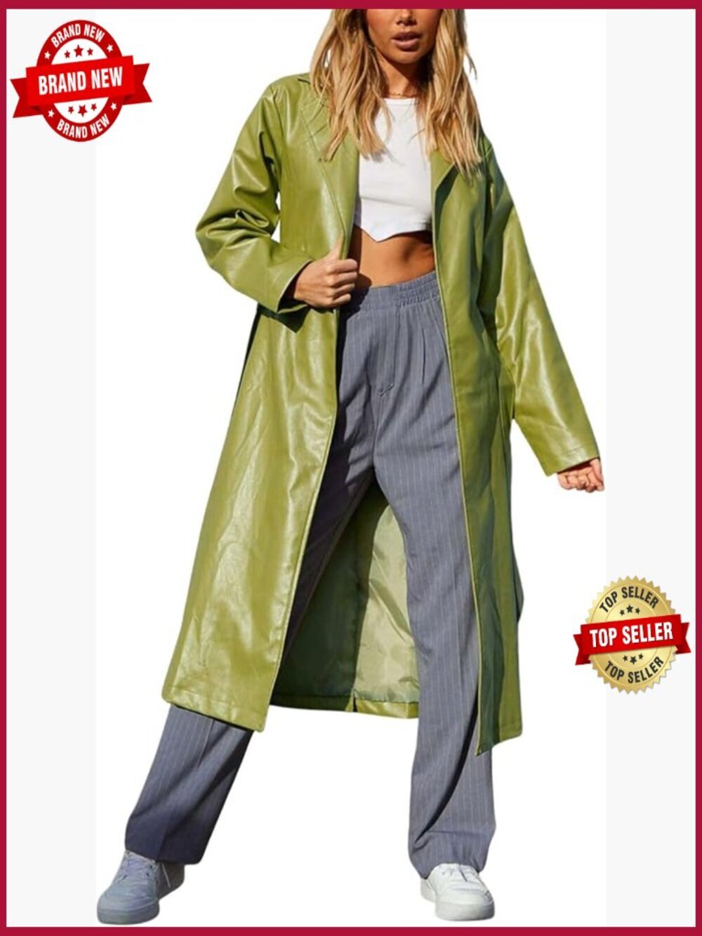 Women's PU Leather Long Trench Coat with Belt Open Front Lapel